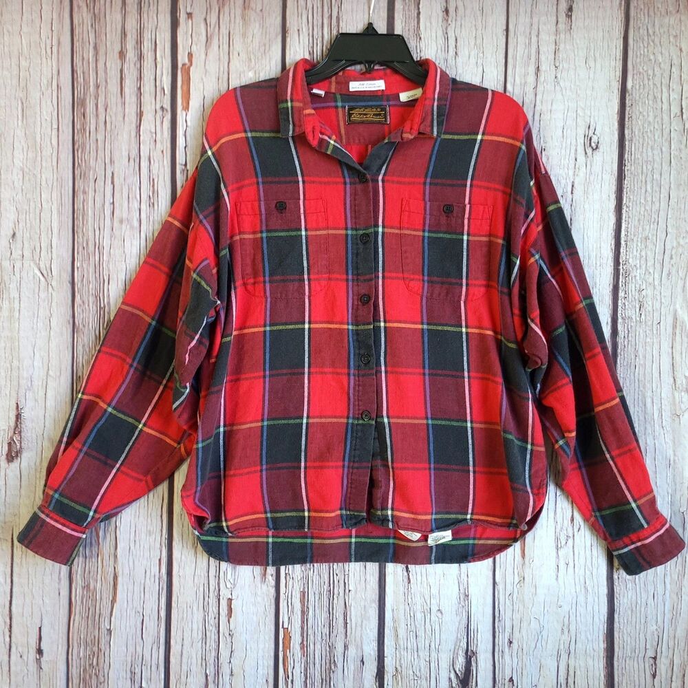 Eddie Bauer Flannel Plaid Vintage 90s Red Long Sleeve Button Shirt Womens USA